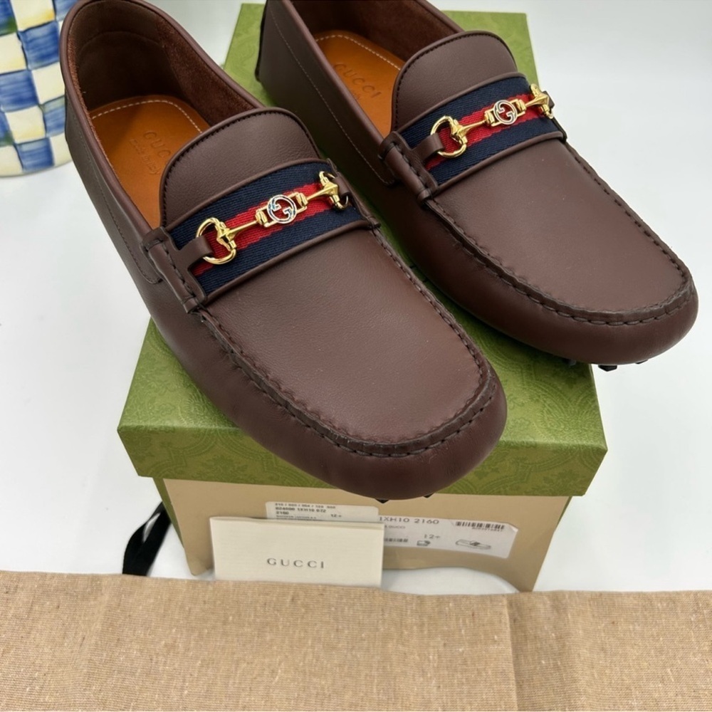 Men’s Gucci Ayrton web striped leather loafers size 12.5 fits 13 US made Italy - Picture 2 of 11